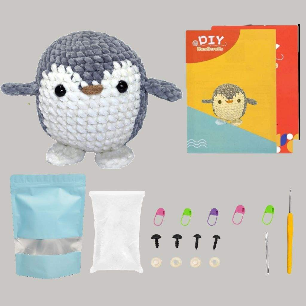 Handmade Amigurumi Crochet Grey Penguin Doll Set for Kids Gift