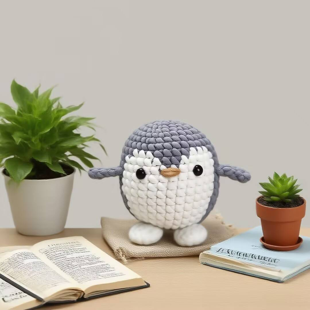 Handmade Amigurumi Crochet Grey Penguin Doll Set for Kids Gift
