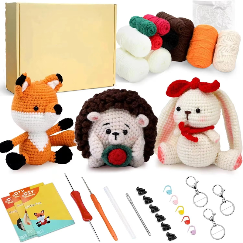 Animal Crochet Doll Kit Beginner DIY Yarn Knit Fox Hedgehog Rabbit Set