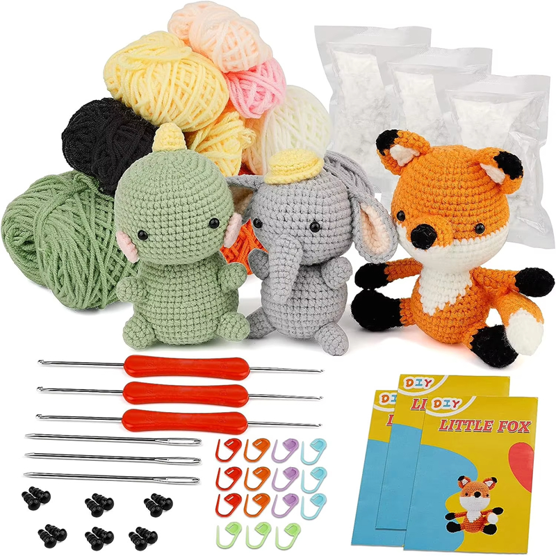 Factory Wholesale DIY Yarn Knitting Dinosaur Fox Elephant Crochet Sets