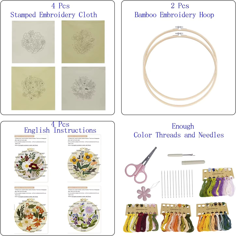 Factory Direct Selling 4 Set DIY Embroidery Hoops Sewing Patterns Kits
