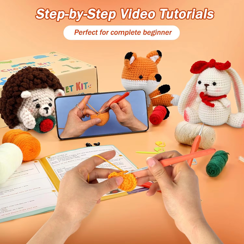 Animal Crochet Doll Kit Beginner DIY Yarn Knit Fox Hedgehog Rabbit Set