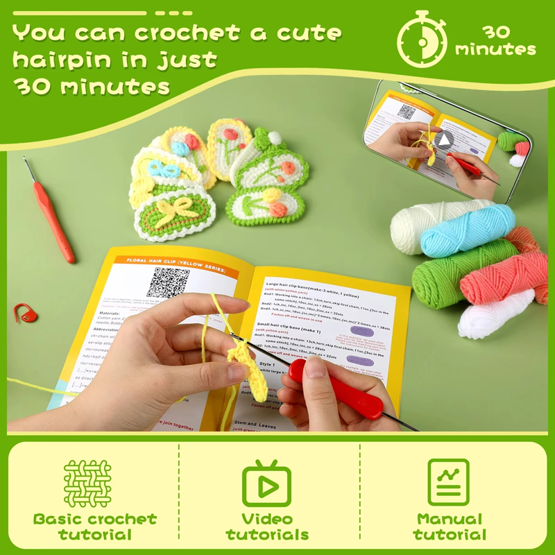 Hot Sale Crochet DIY Sweet Hair Clips Wool Yarn Hairpin Knitting Kits