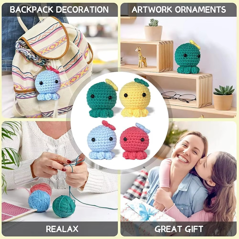 4 Pcs Crochet Animal Set for Starter DIY Knitting Octopus Dolls Kits