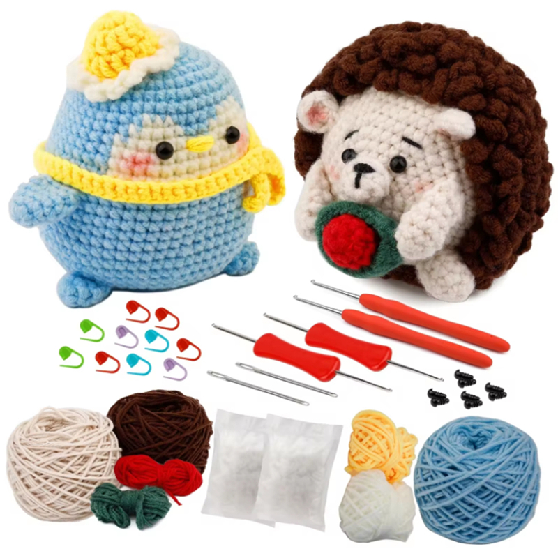 Handmade Crochet Animal Kit Beginner DIY Knit Hedgehog and Penguin Set