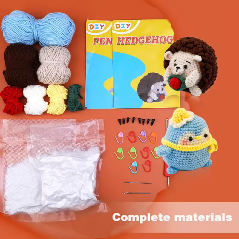 Handmade Crochet Animal Kit Beginner DIY Knit Hedgehog and Penguin Set