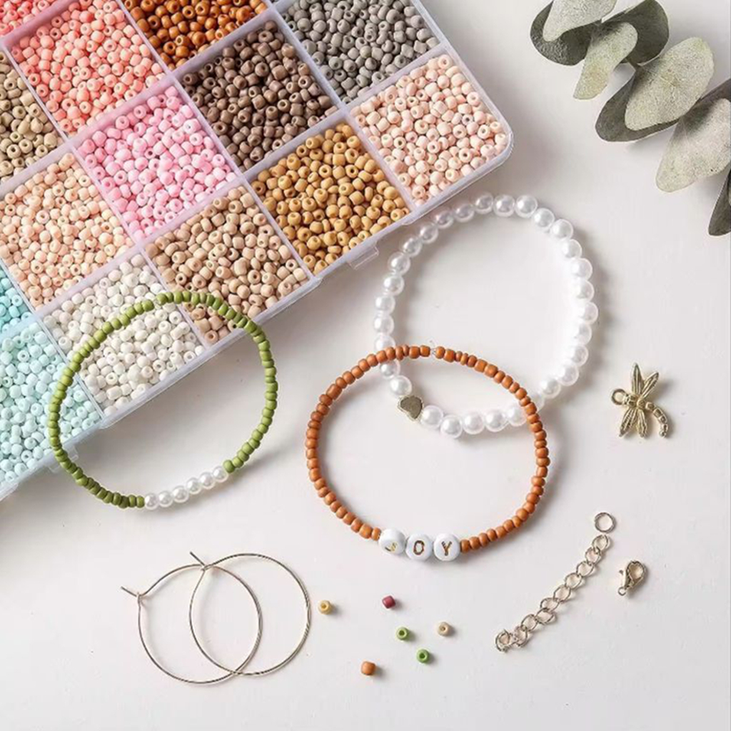 24 Grids Light Color Glass Rice Bead Set with Golden Letter Beads Kits