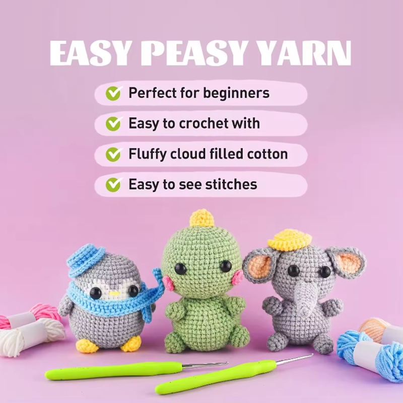 Beginner DIY Knitting Kits Crochet Elephant Dinosaur Penguin Dolls Set