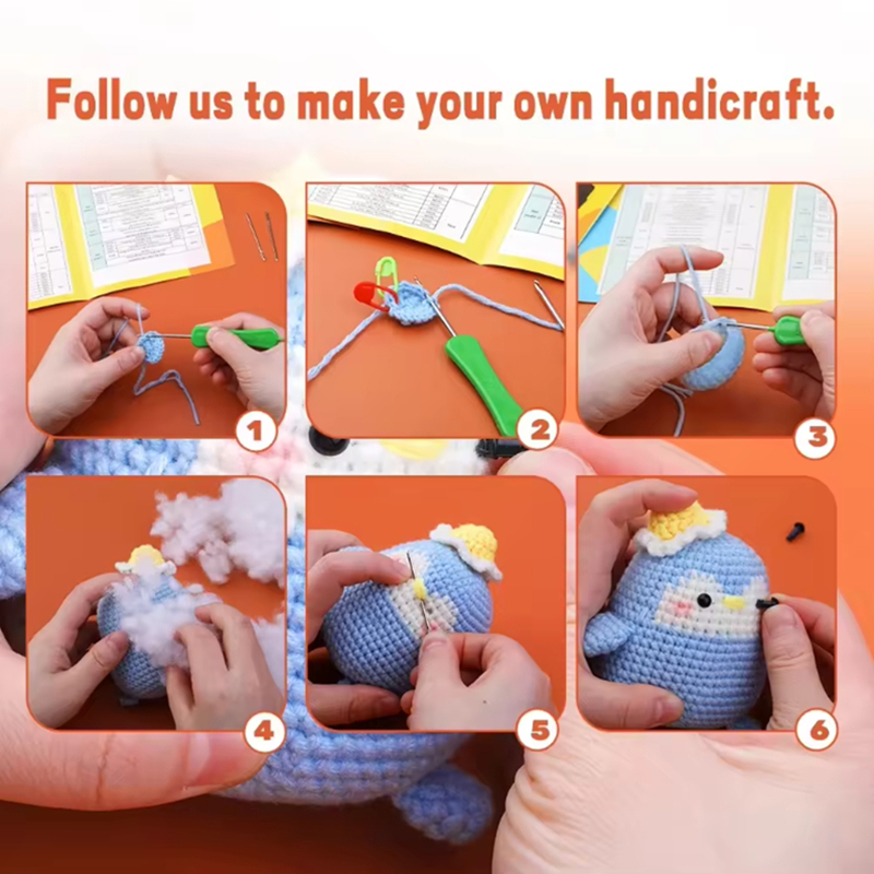 Handmade Crochet Animal Kit Beginner DIY Knit Hedgehog and Penguin Set