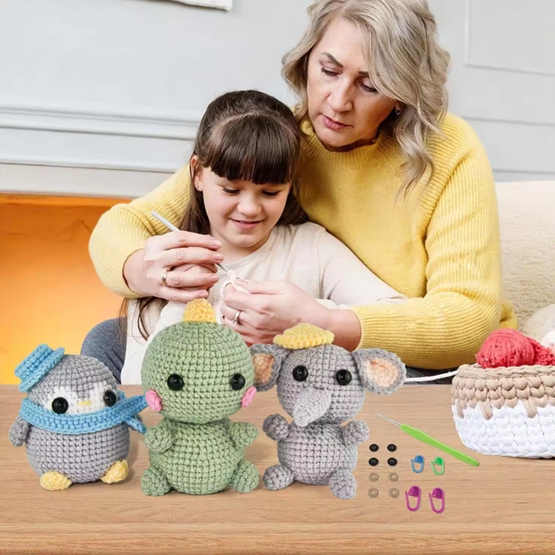 Beginner DIY Knitting Kits Crochet Elephant Dinosaur Penguin Dolls Set