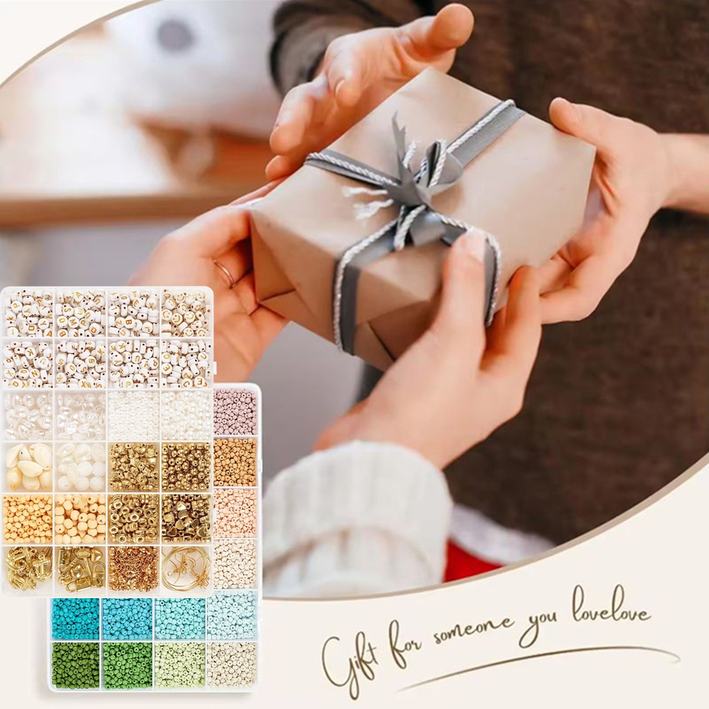 24 Grids Light Color Glass Rice Bead Set with Golden Letter Beads Kits