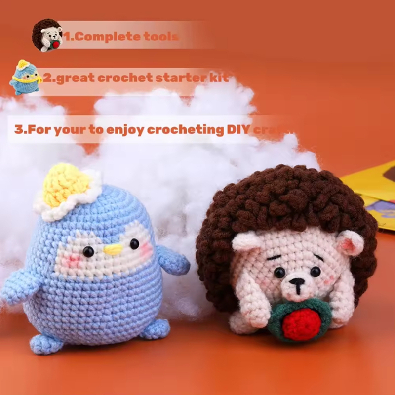 Handmade Crochet Animal Kit Beginner DIY Knit Hedgehog and Penguin Set