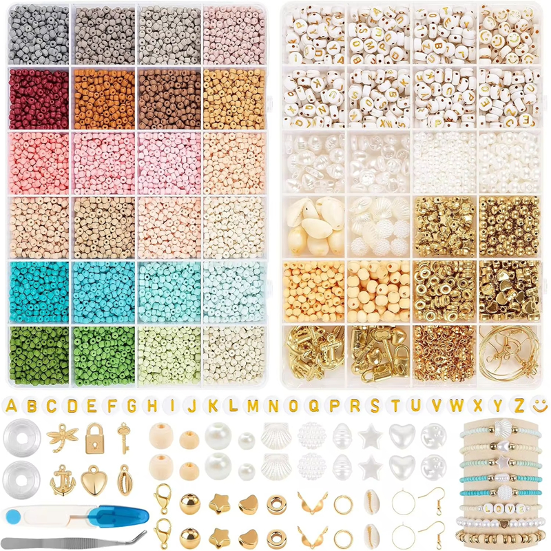 24 Grids Light Color Glass Rice Bead Set with Golden Letter Beads Kits