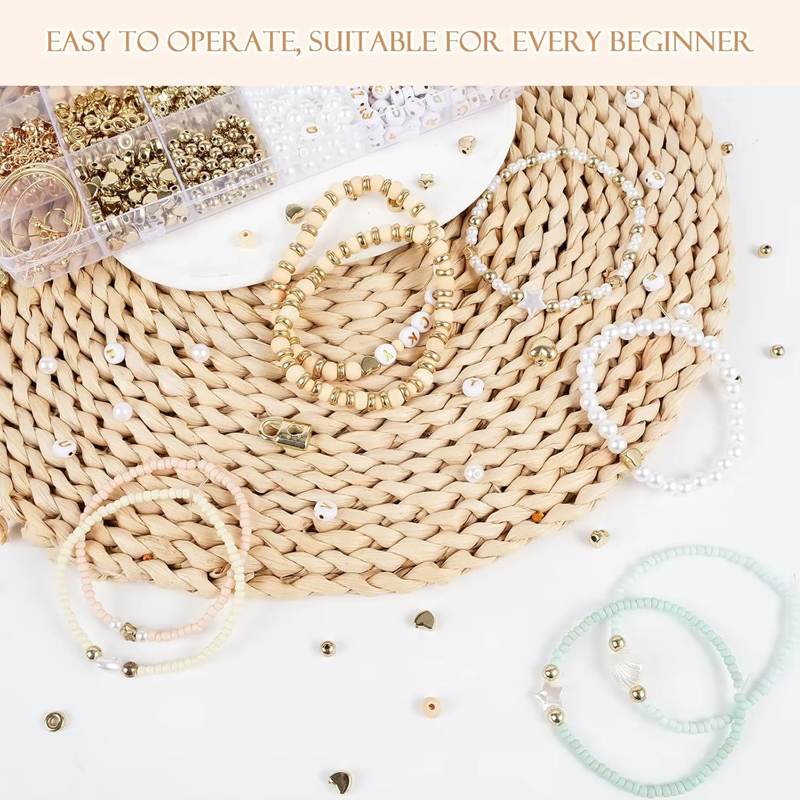 24 Grids Light Color Glass Rice Bead Set with Golden Letter Beads Kits