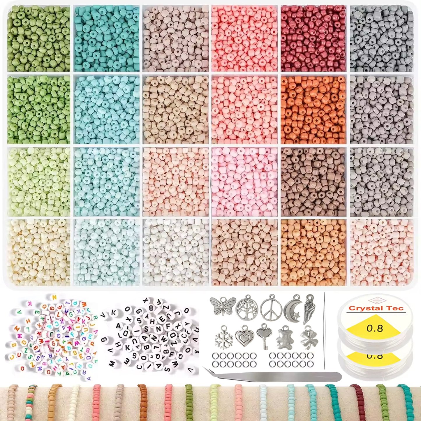 24 Grids Light Color Glass Rice Bead Set with Golden Letter Beads Kits