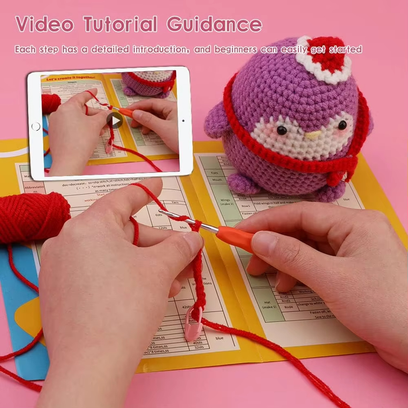 Cute Cartoon Penguin Crochet Kit for Starter DIY Knitting Keychain Set