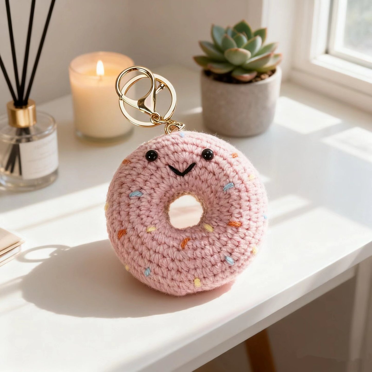 Crochet Pink Donut Keychain Plush
