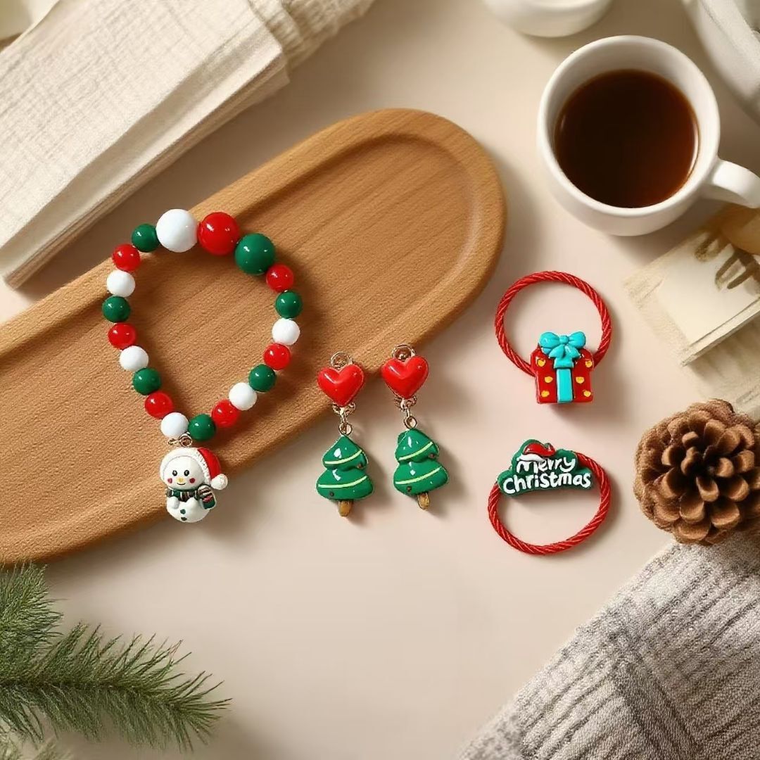 Christmas Kids Hair Ties Bracelet Set Red Green