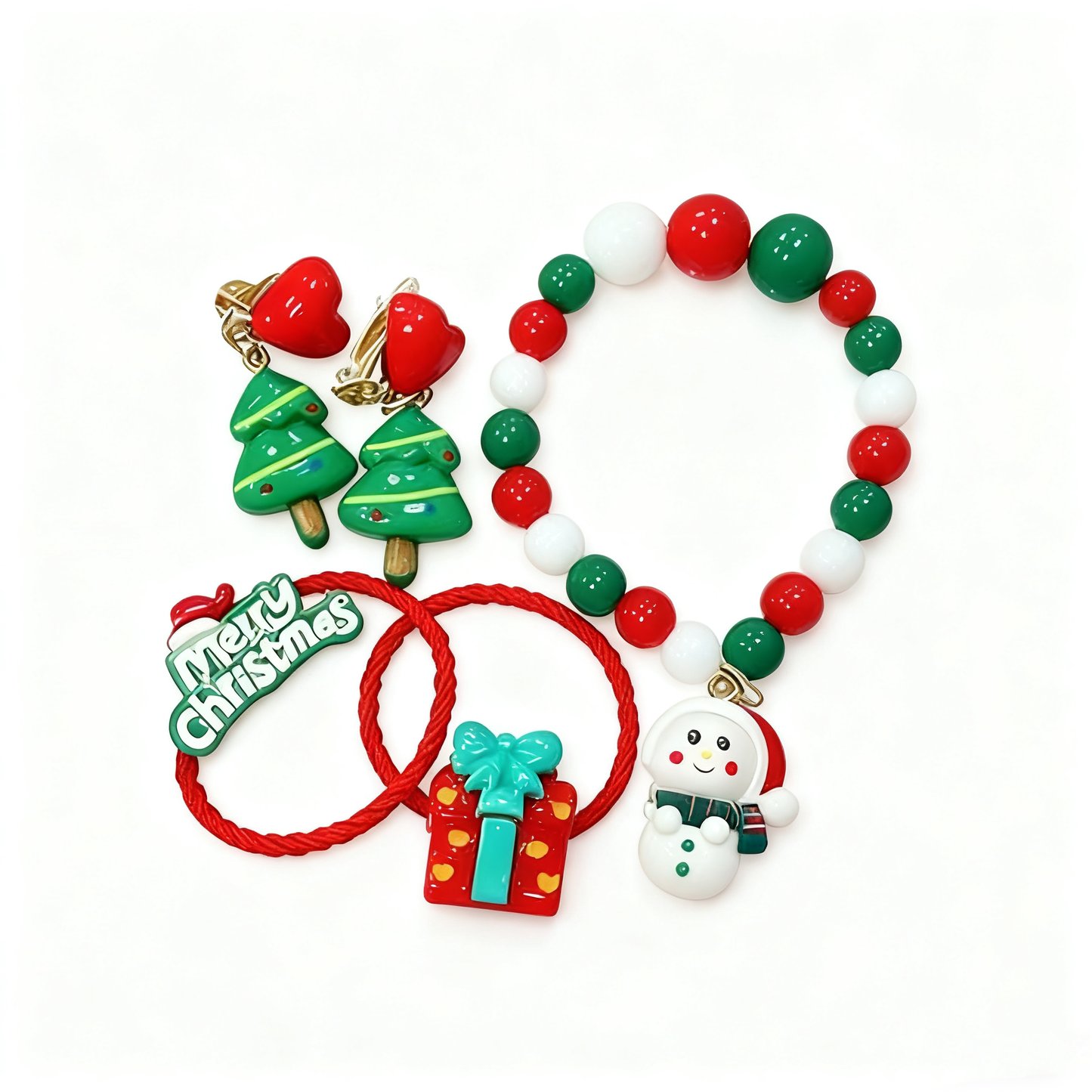 Christmas Kids Hair Ties Bracelet Set Red Green