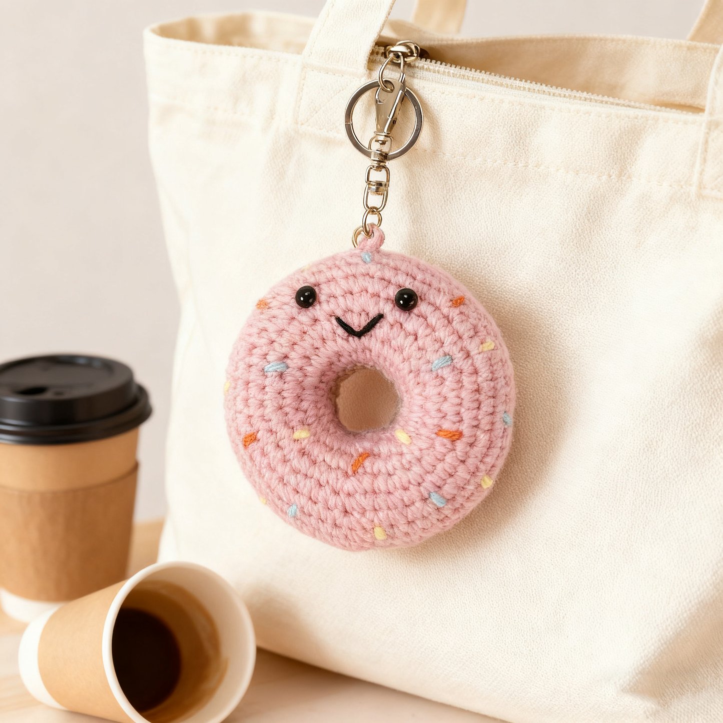Crochet Pink Donut Keychain Plush