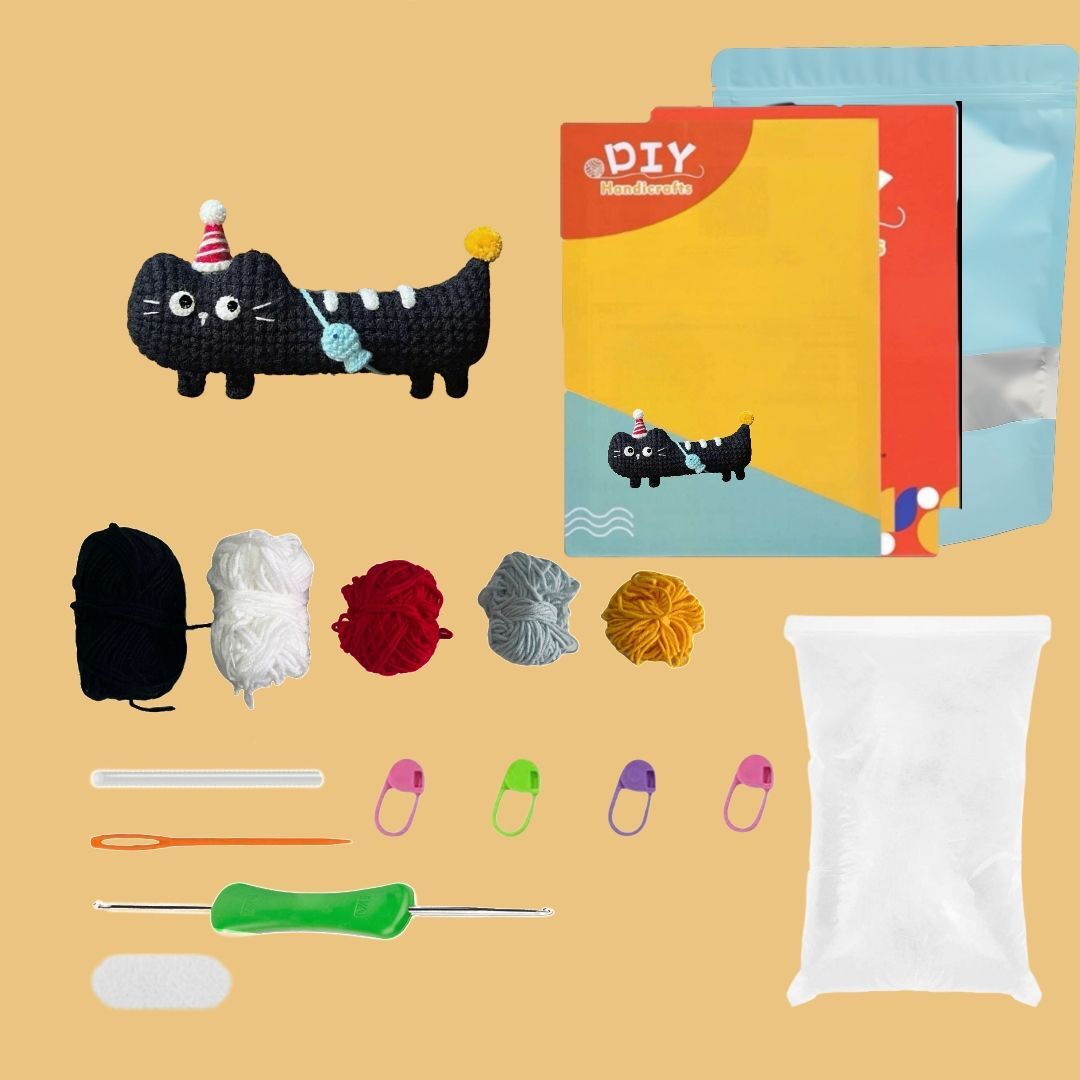 Crochet Black Cat Doll Kit Party Hat Design