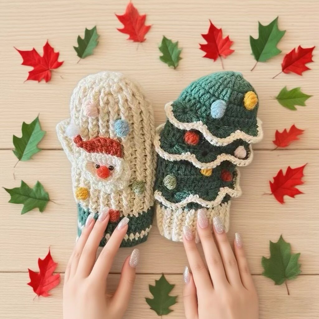 Crochet Mitten Kit Santa Tree Winter Design