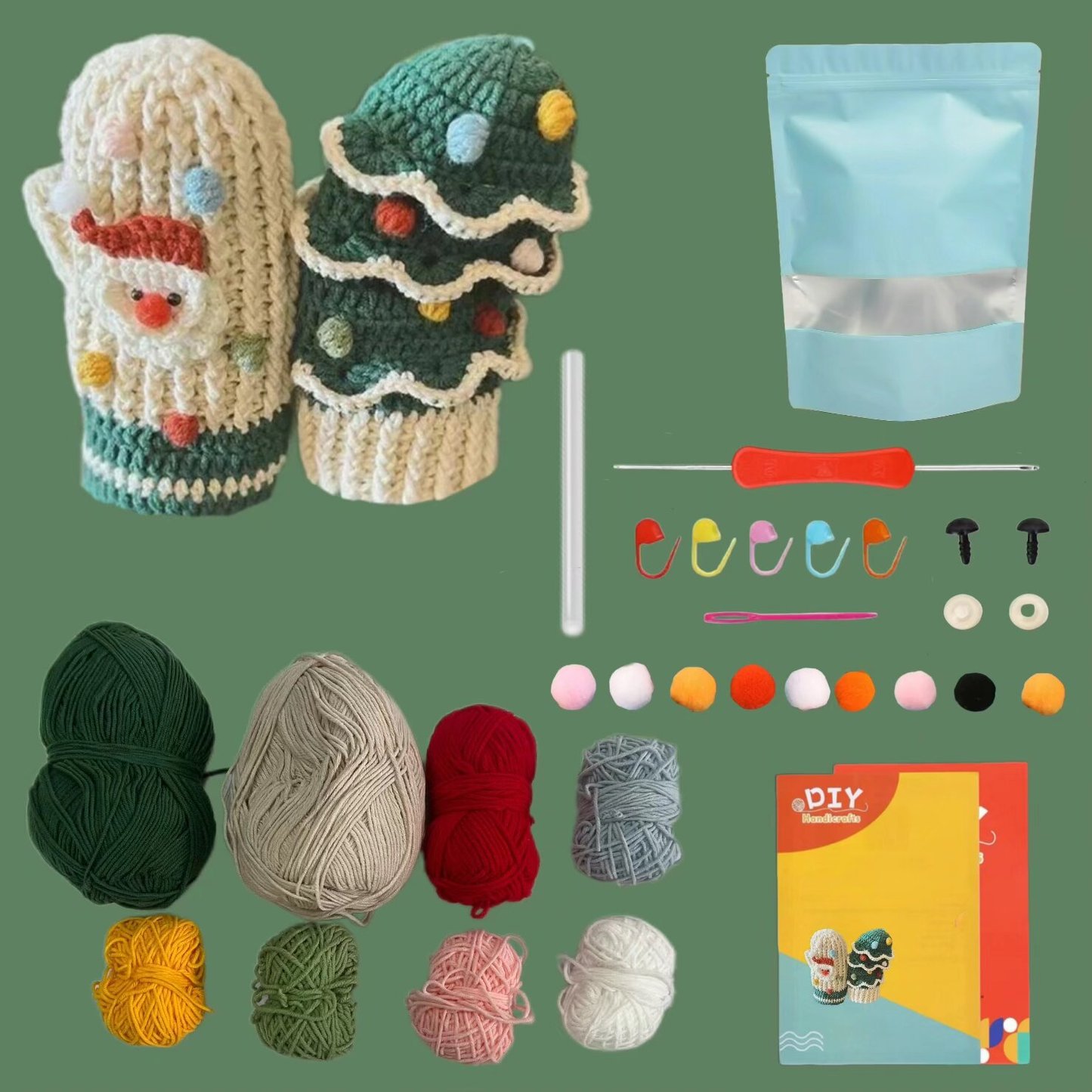 Crochet Mitten Kit Santa Tree Winter Design