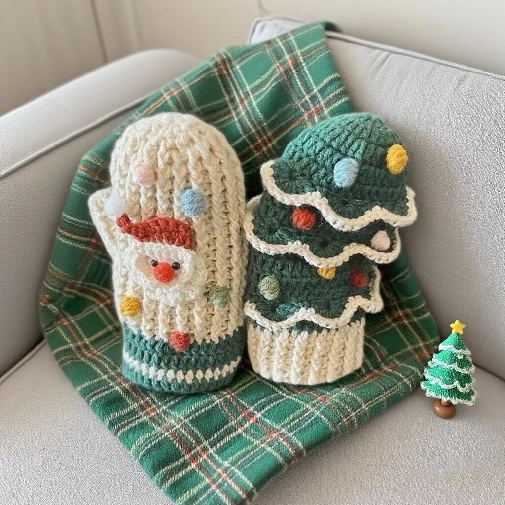 Crochet Mitten Kit Santa Tree Winter Design