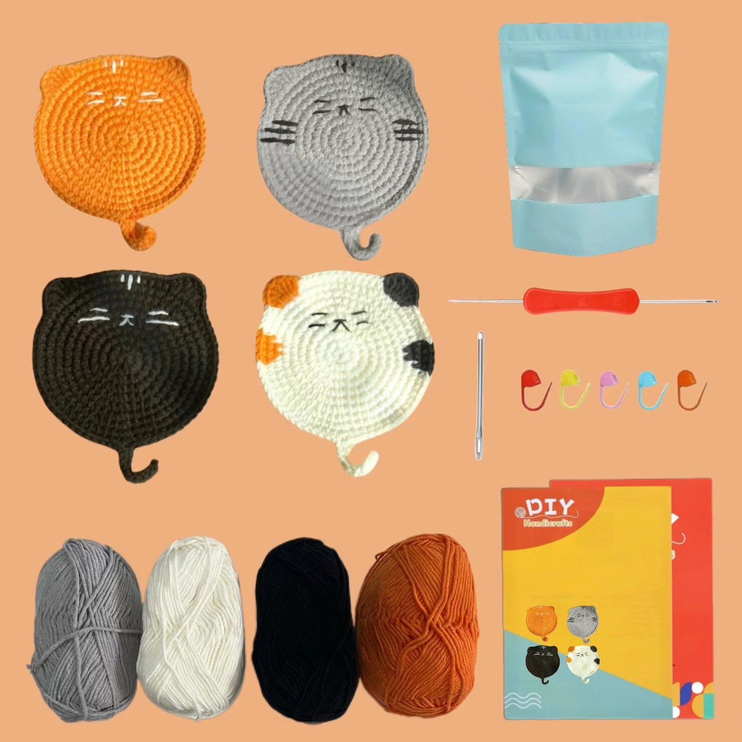Crochet Cat Coaster Kit Animal Cup Mat with Tail