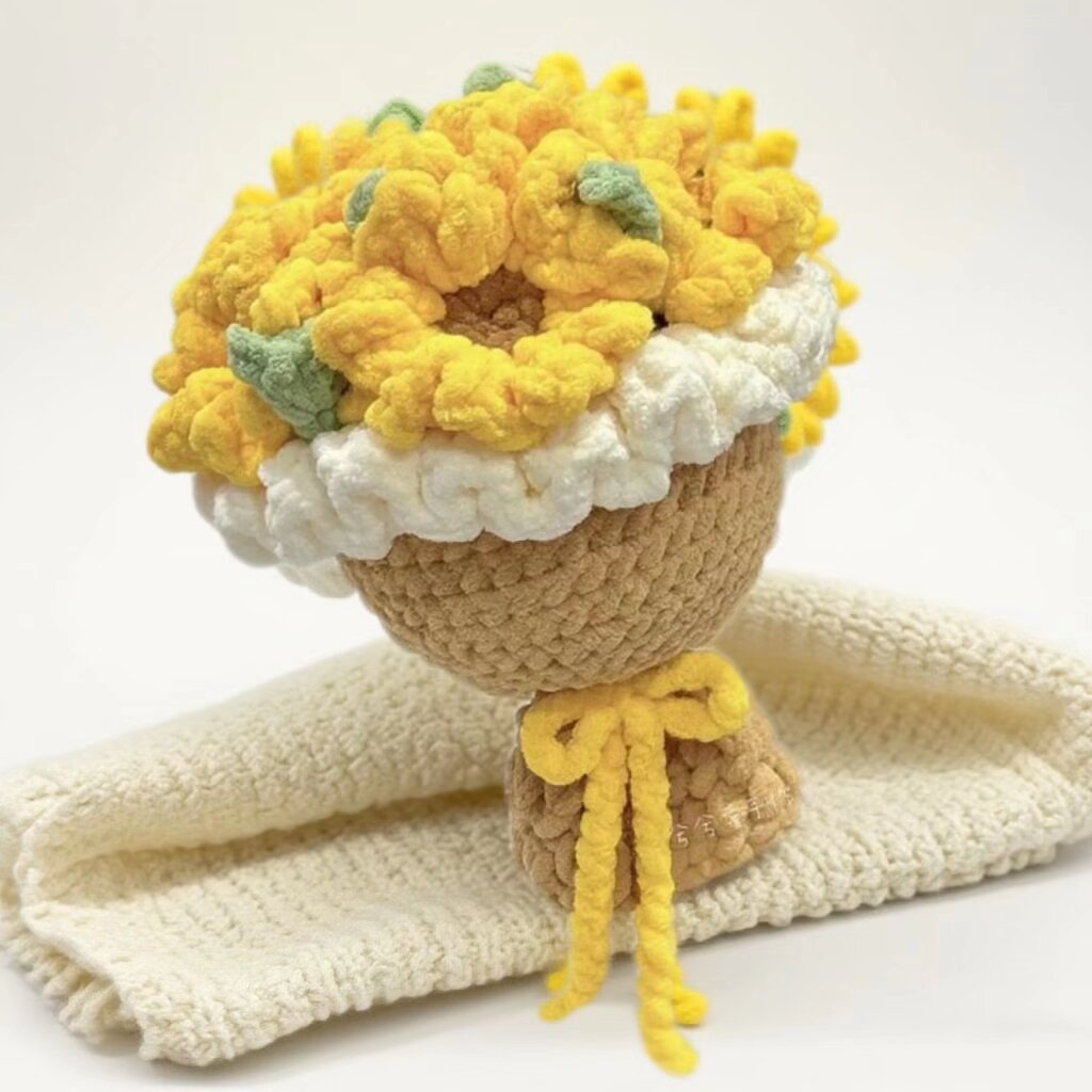 Crochet Yellow Flower Bouquet Kit with Woven Vase