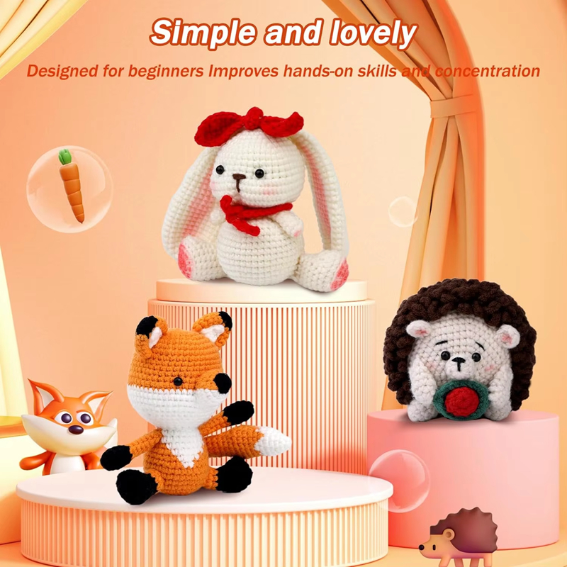 Animal Crochet Doll Kit Beginner DIY Yarn Knit Fox Hedgehog Rabbit Set