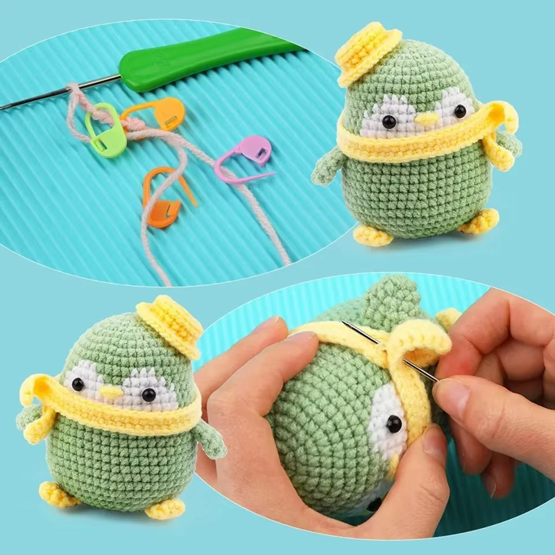 Hot Selling Crochet Animal Doll Kits DIY Knit Green Plush Penguin Set
