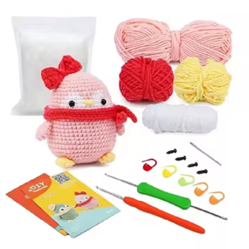 Crochet Animal Kits Manufacturers Sell Yarn DIY Woven Pink Penguin Set