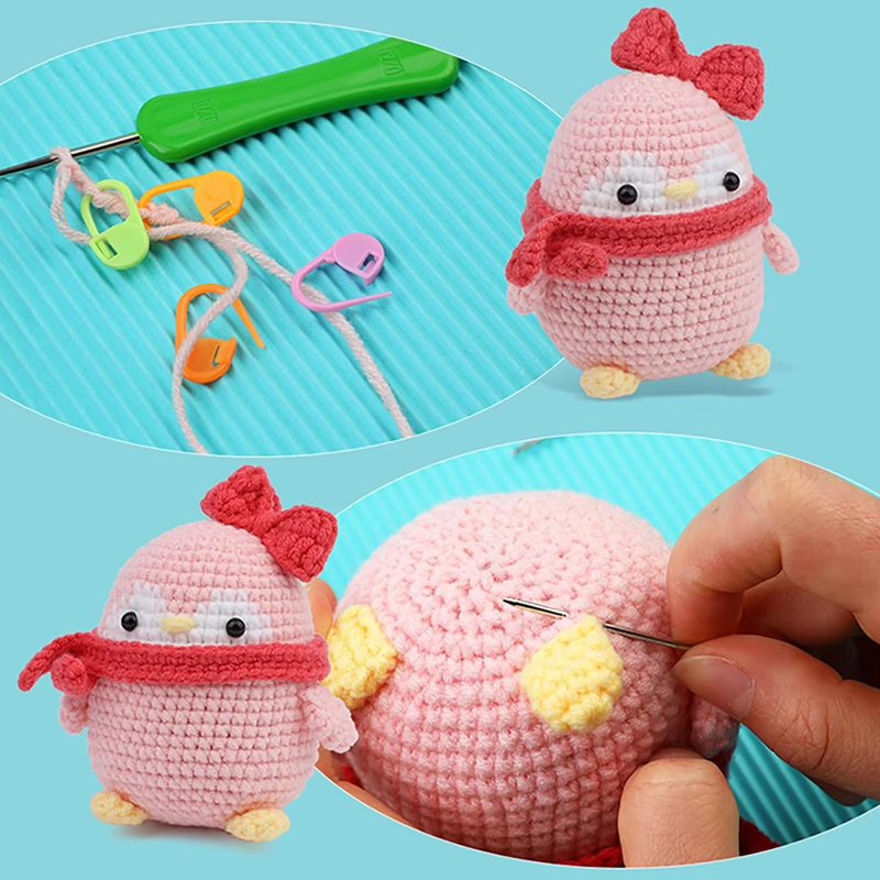 Crochet Animal Kits Manufacturers Sell Yarn DIY Woven Pink Penguin Set
