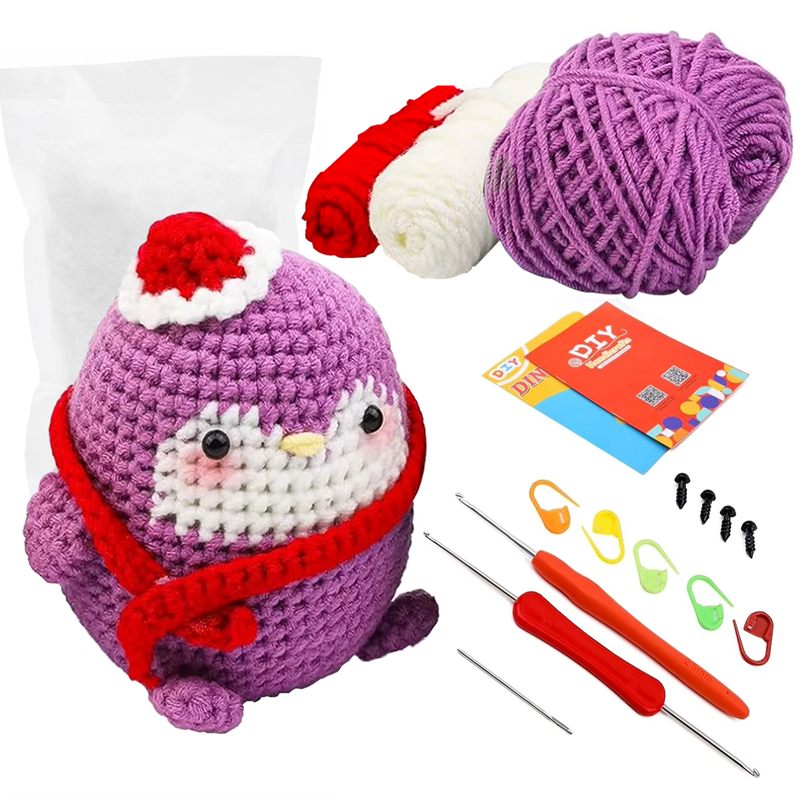 Cute Cartoon Penguin Crochet Kit for Starter DIY Knitting Keychain Set