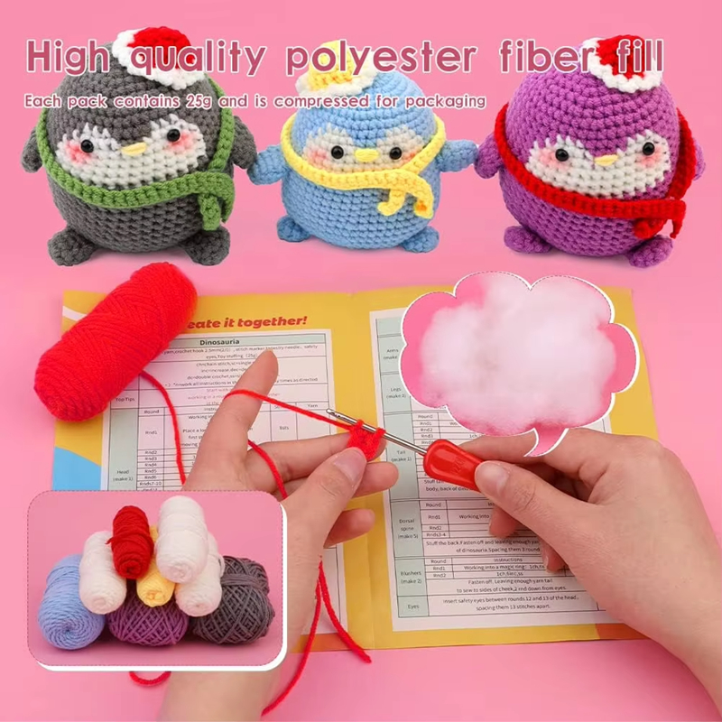 Cute Cartoon Penguin Crochet Kit for Starter DIY Knitting Keychain Set