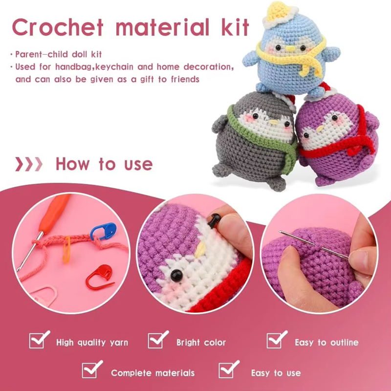 Cute Cartoon Penguin Crochet Kit for Starter DIY Knitting Keychain Set