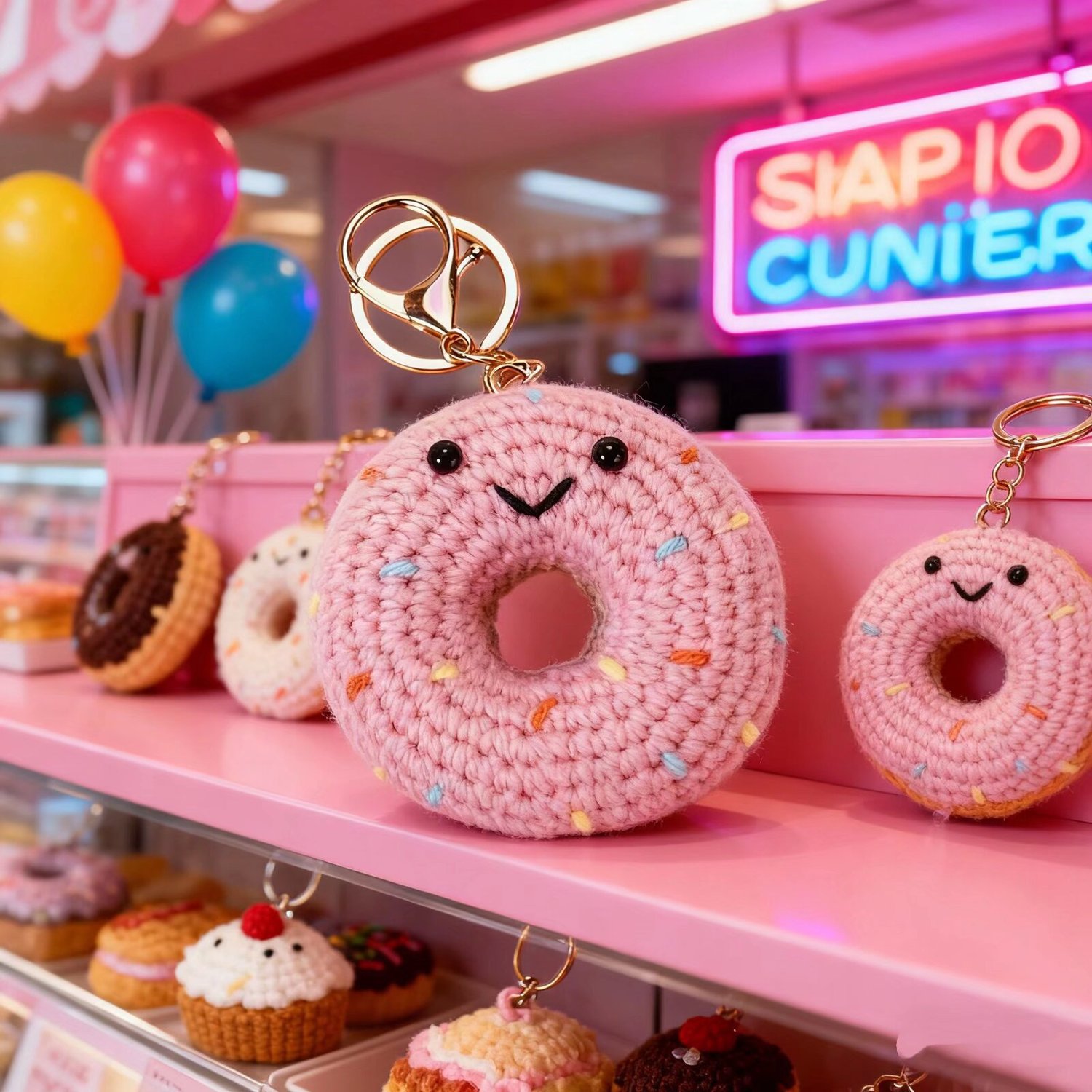 Crochet Pink Donut Keychain Plush