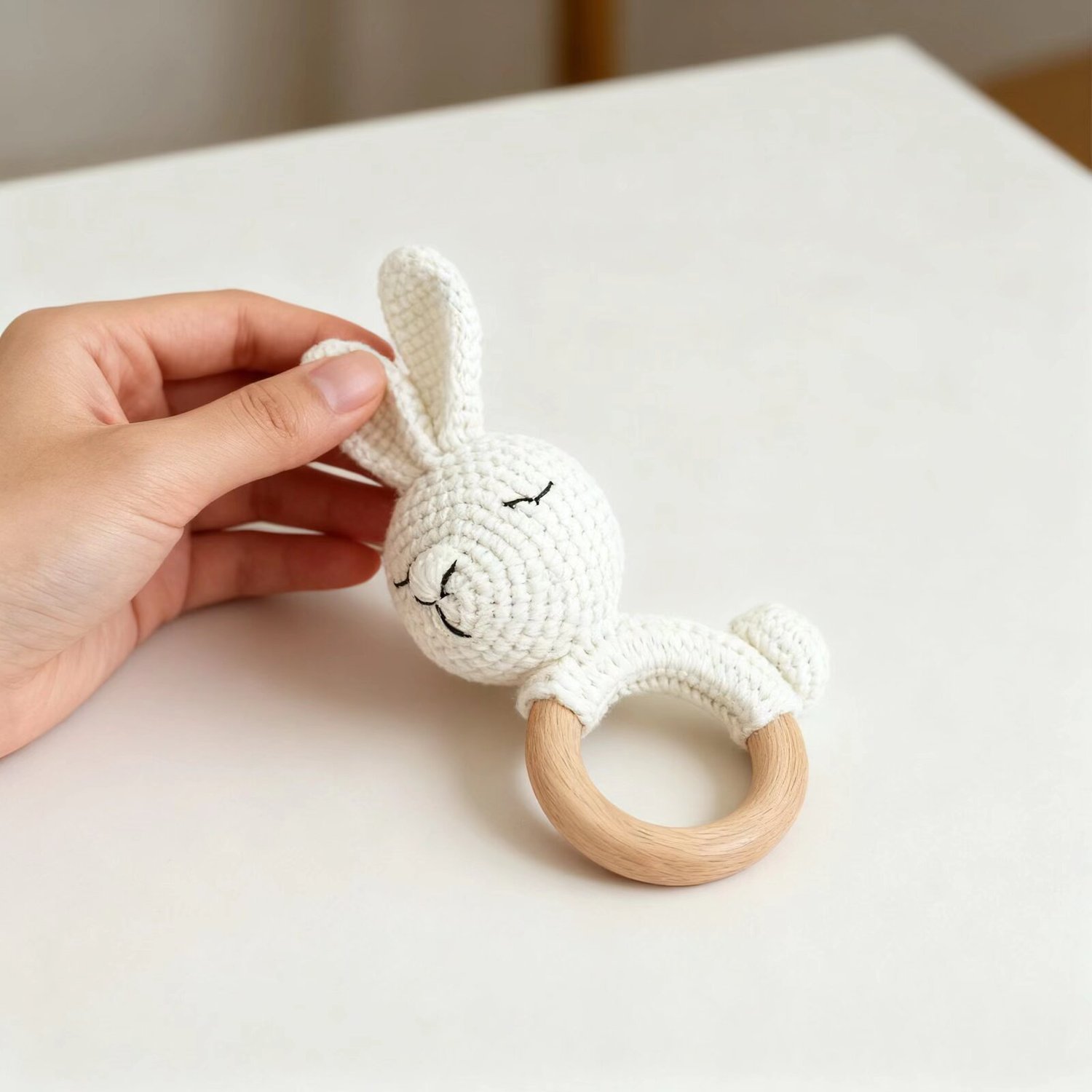 Crochet White Rabbit Doll Keychain Rattle