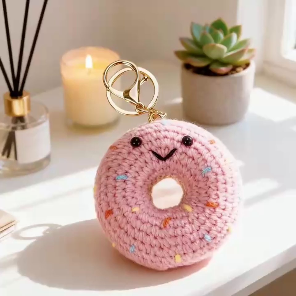 Crochet Pink Donut Keychain Plush
