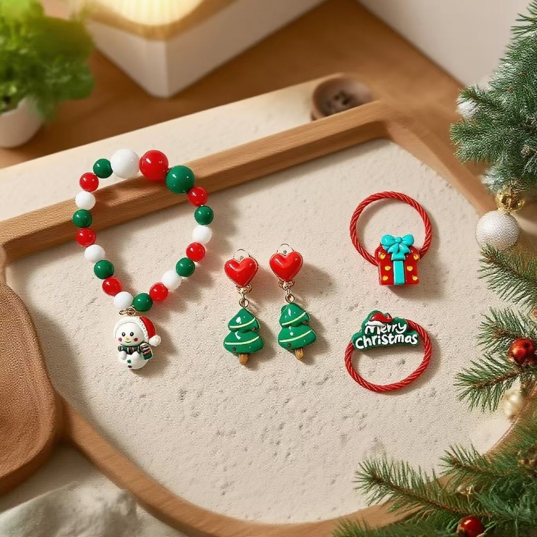 Christmas Kids Hair Ties Bracelet Set Red Green
