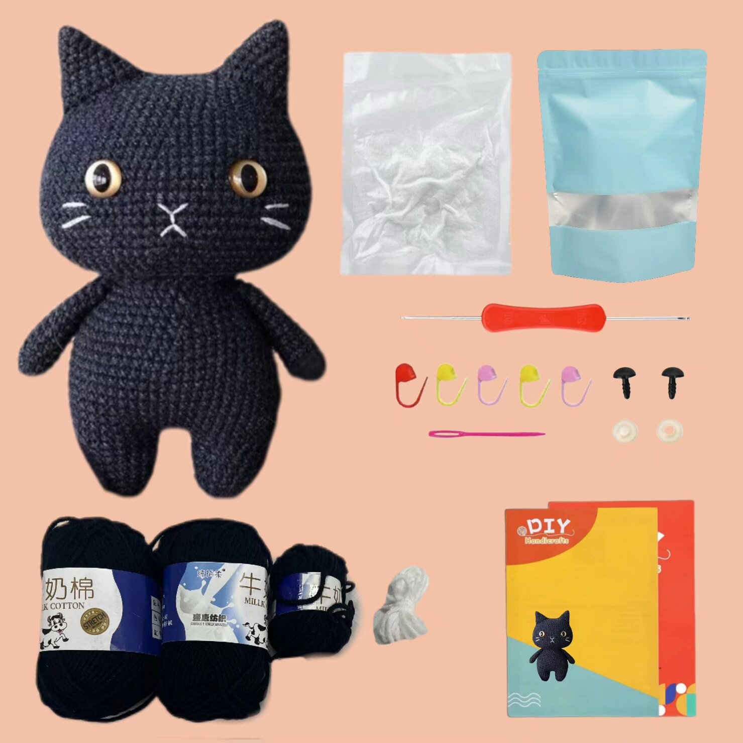 Crochet Black Cat Plush Doll Kit Handmade Craft
