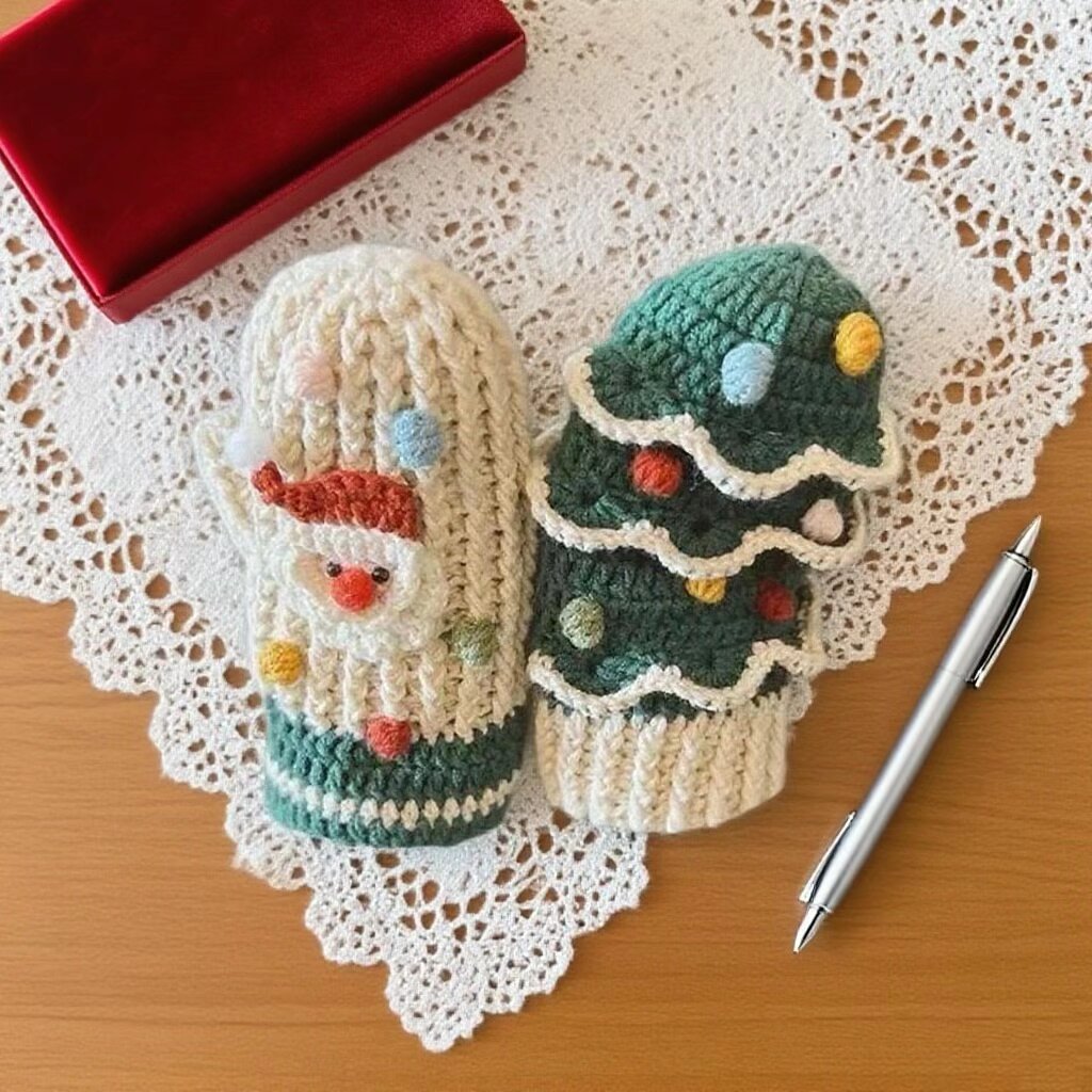 Crochet Mitten Kit Santa Tree Winter Design