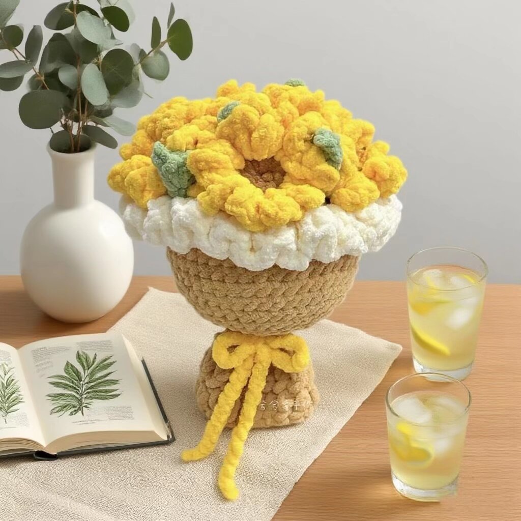 Crochet Yellow Flower Bouquet Kit with Woven Vase