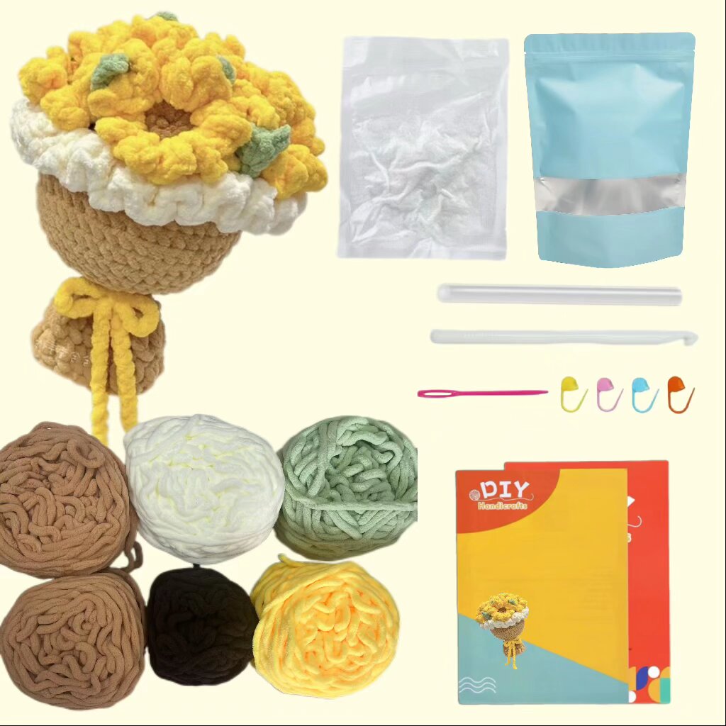Crochet Yellow Flower Bouquet Kit with Woven Vase