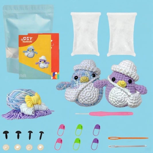 Beginner Friendly Crochet Amigurumi Kit for Blue Purple Penguin Doll Making Set