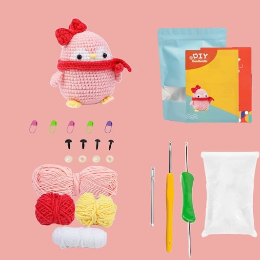Kawaii Pink Penguin DIY Crochet Pack All-in-One Handmade Plush Toy Materials for Easy Handmade Crochet Craft Project