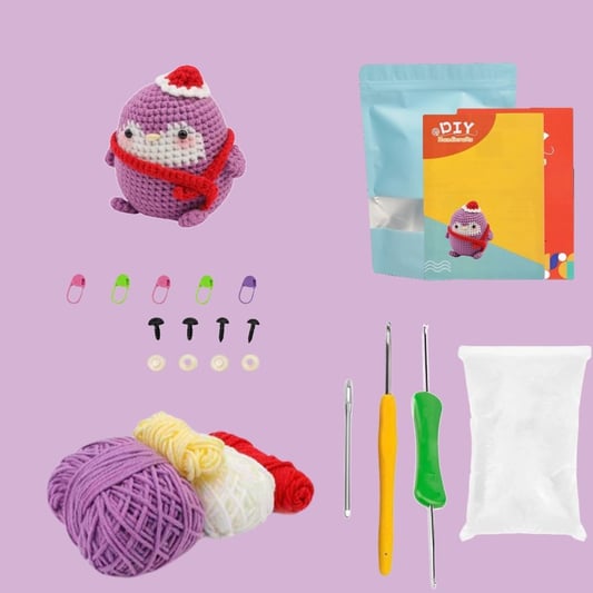 Kawaii Handmade Crochet Penguin Plush DIY Kit in Purple Shades Complete Amigurumi Craft Supplies with Step-by-Step Guide