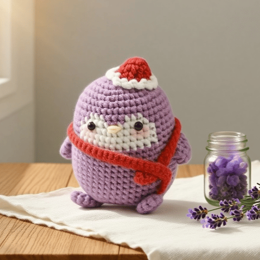 Kawaii Handmade Crochet Penguin Plush DIY Kit in Purple Shades Complete Amigurumi Craft Supplies with Step-by-Step Guide
