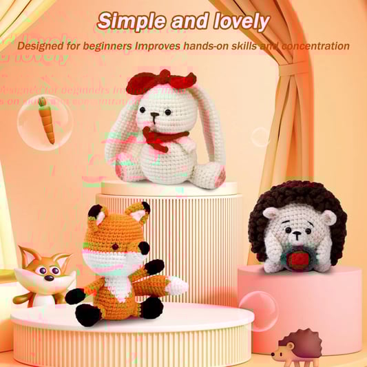 Animal Crochet Doll Kit Beginner DIY Yarn Knit Fox Hedgehog Rabbit Set